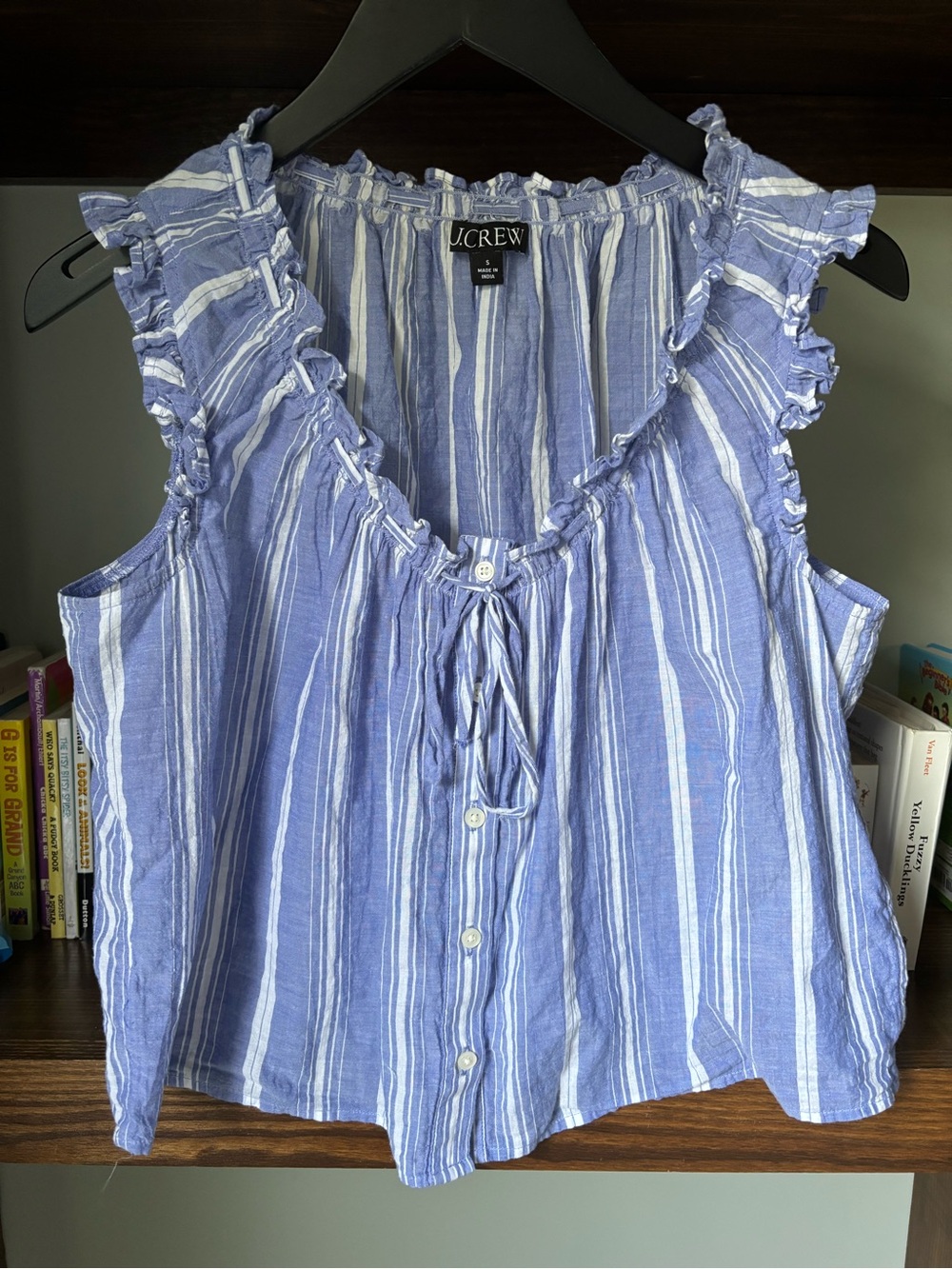 J. Crew Blue and White Striped Ruffle Tie-Front Sleeveless Shirt